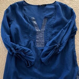 Express Sequin-Trim Pintuck Blouse in Royal Blue